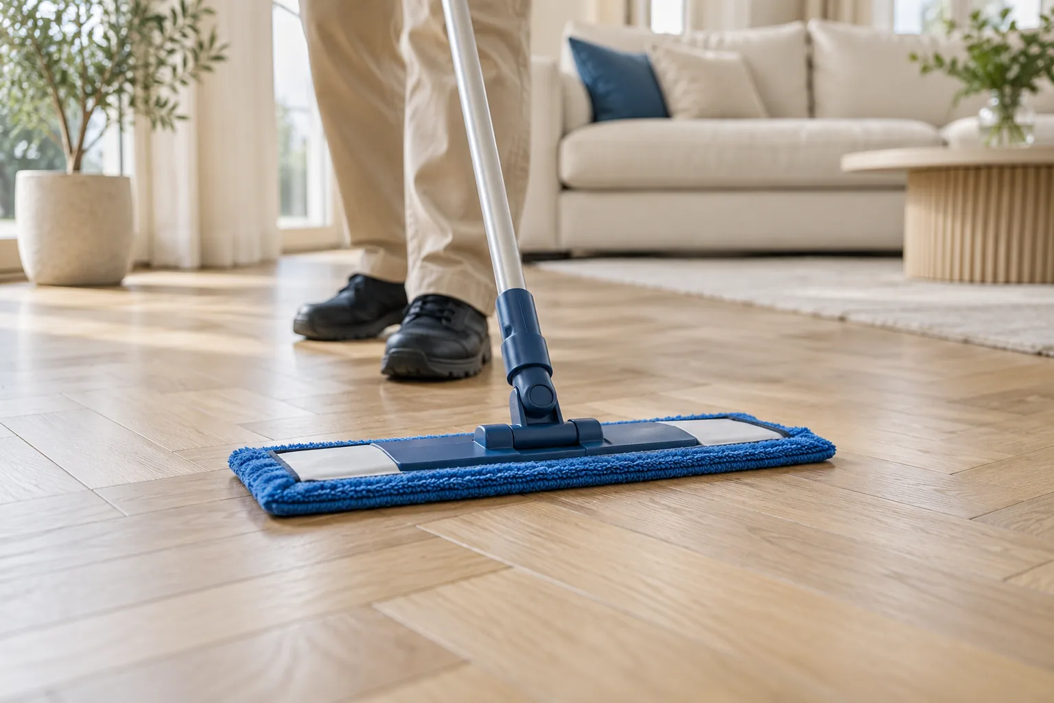 Płaski mop z niebieską nakładką na drewnianym parkiecie ułożonym w jodełkę.